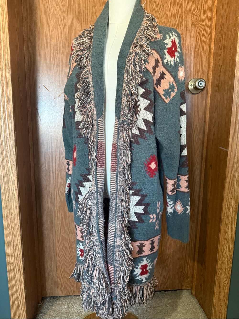 Fringed Aztec Knit Cardigan - Teal, Pink, Cream